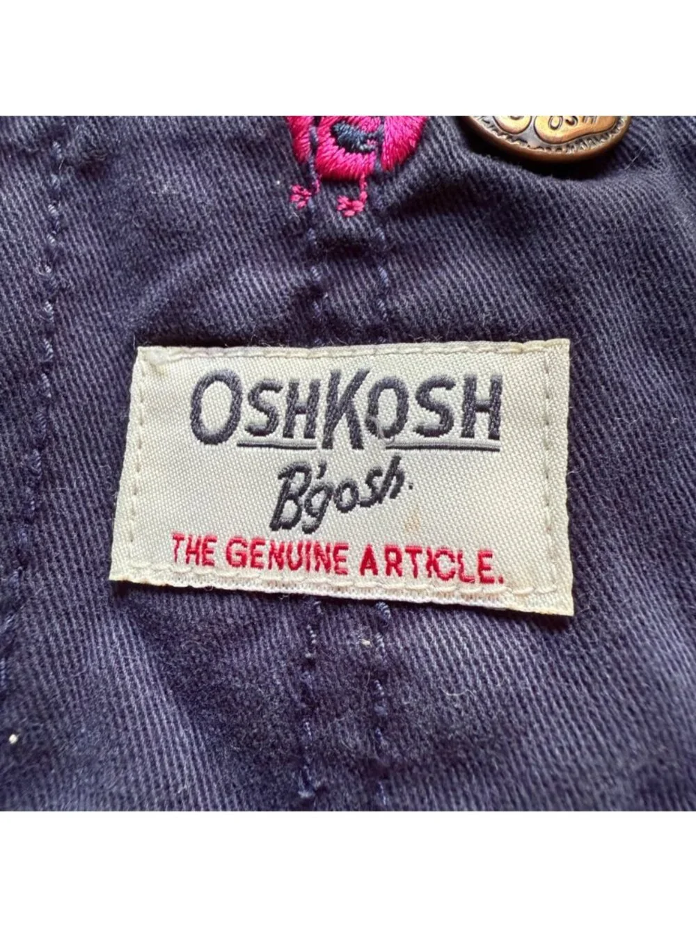 VTG OshKosh B'gosh Girl Size 5 Blue Denim Pink Bird Embroidered Bib Overalls
